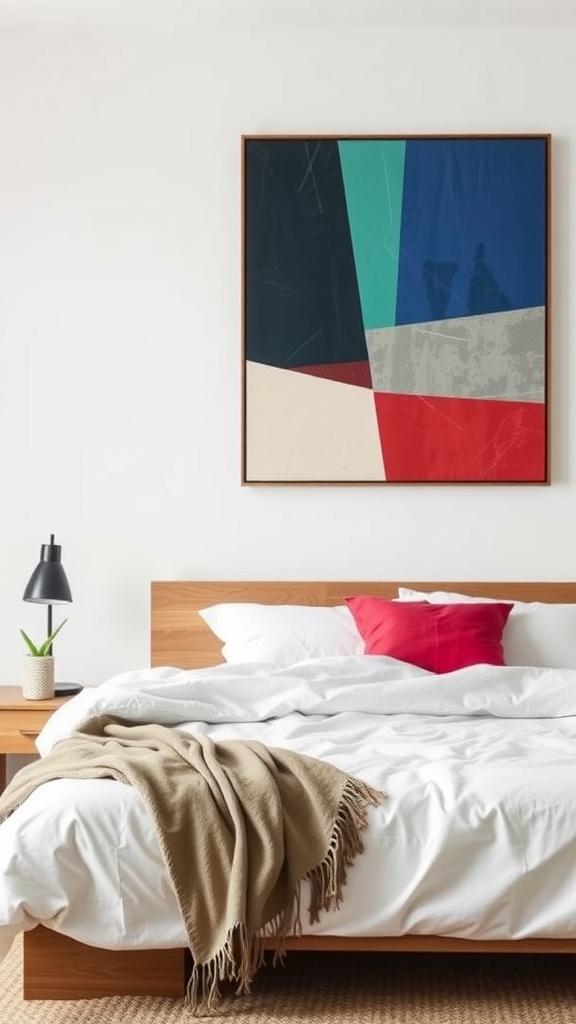 A modern bedroom featuring abstract geometric wall art with bold colors.