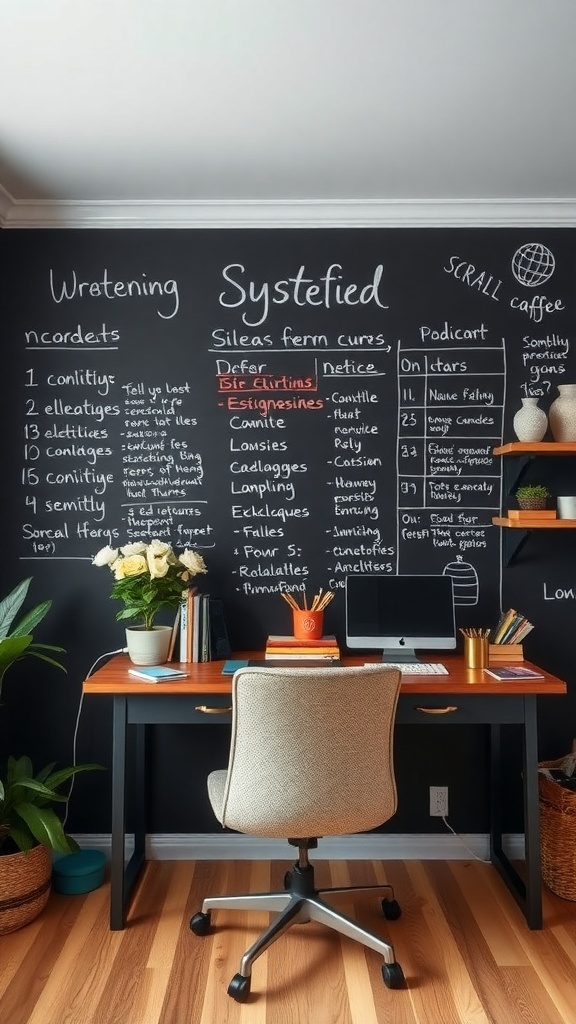 A home office featuring a chalkboard wall with notes and a desk setup.