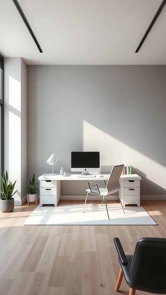 A minimalist home office with a desk, chair, and plants.