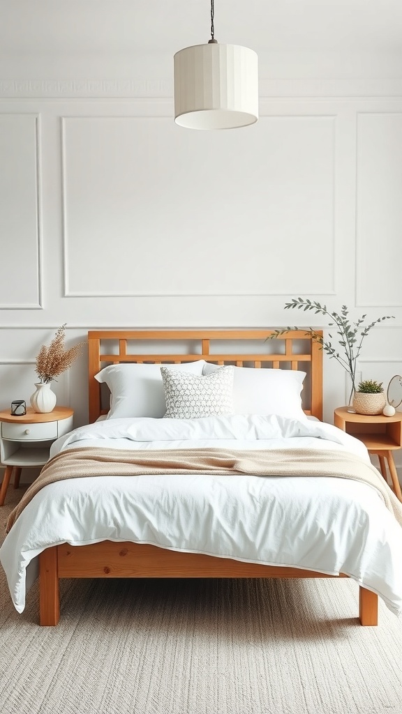 A cozy Scandinavian-style bedroom featuring a wooden bed with white bedding and decorative pillows.