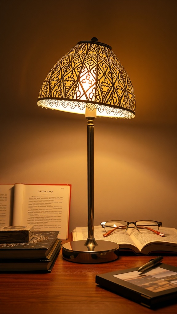 A decorative table lamp with an intricate shade, surrounded by books and glasses on a wooden desk.