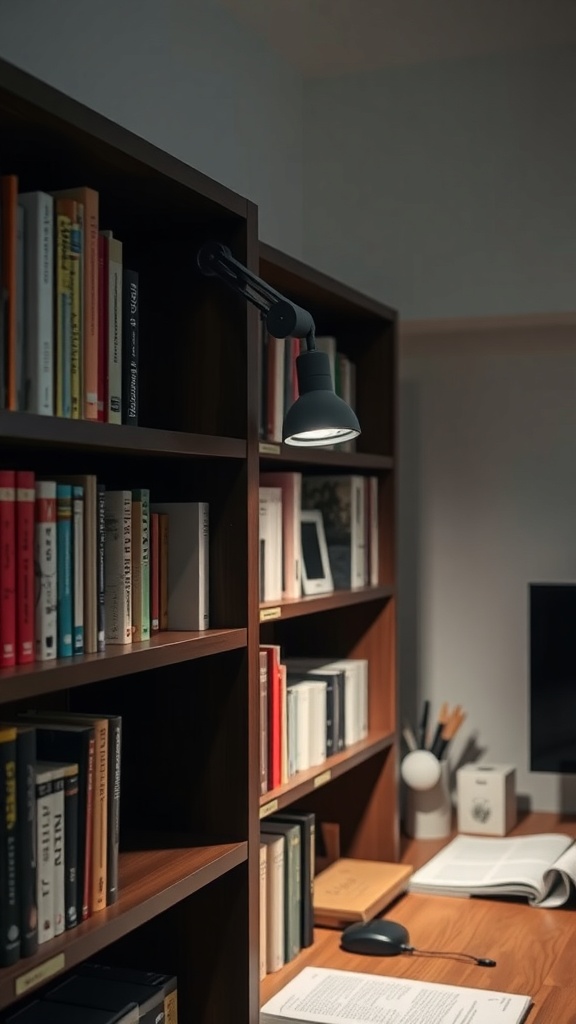 A clip-on light attached to a bookshelf in a cozy home office setting.
