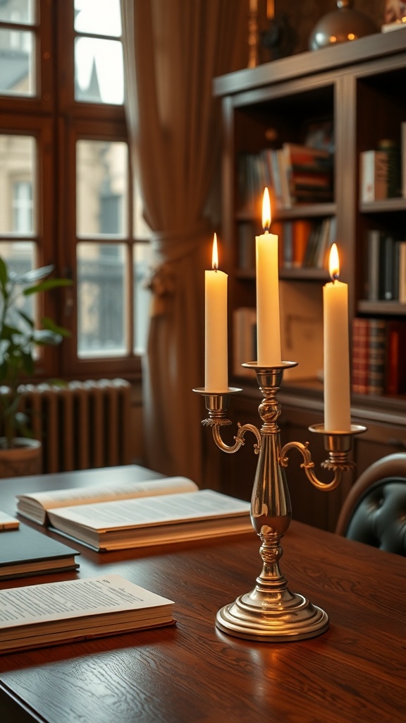 A stylish candle holder with three lit candles on a wooden desk surrounded by books.