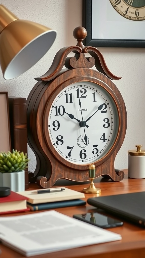 A wooden artisan-made desk clock on a workspace.