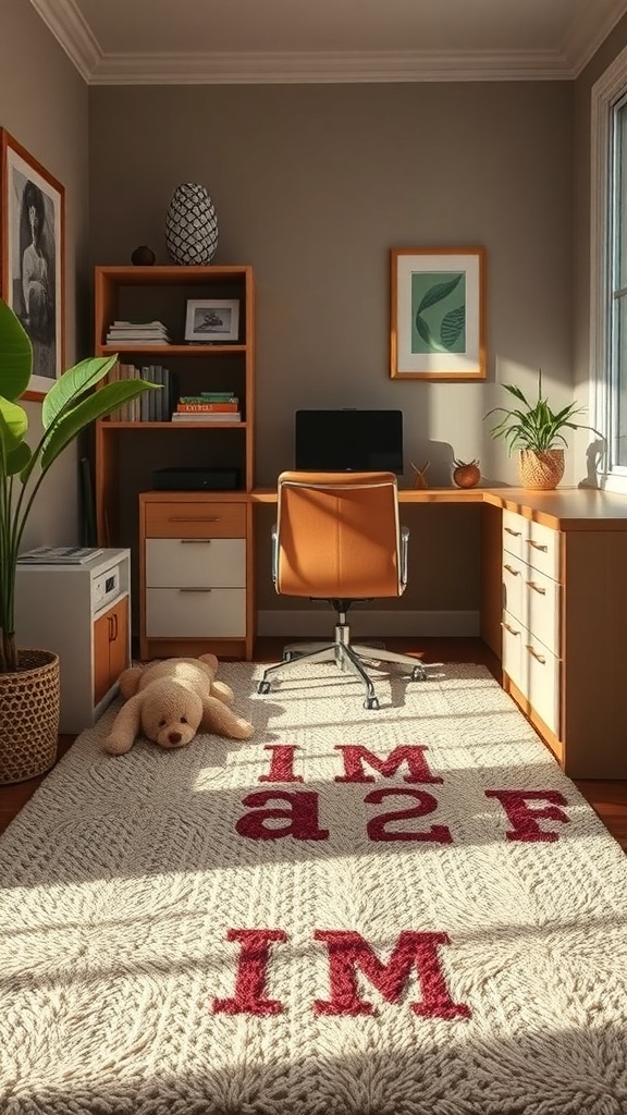 A cozy home office with a textured rug featuring playful letters, a desk, and a chair.