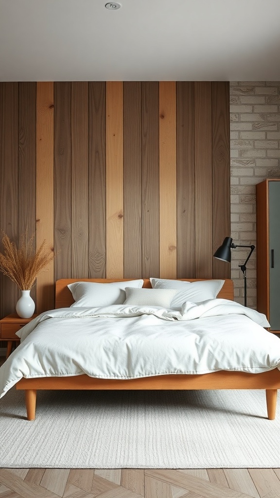 A Scandinavian style bedroom featuring wood paneling and a cozy atmosphere.