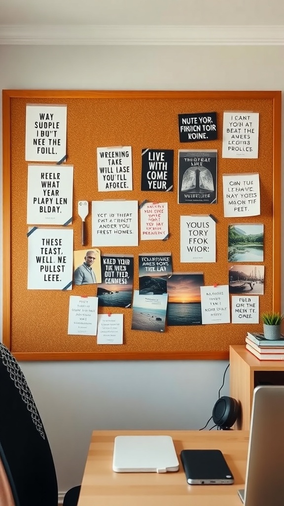 A corkboard filled with various inspirational quotes and images, enhancing a cozy home office atmosphere.