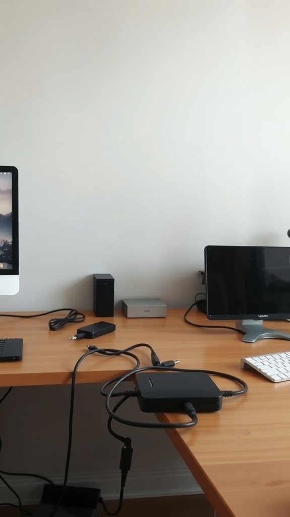 A home office desk with visible cables and devices.