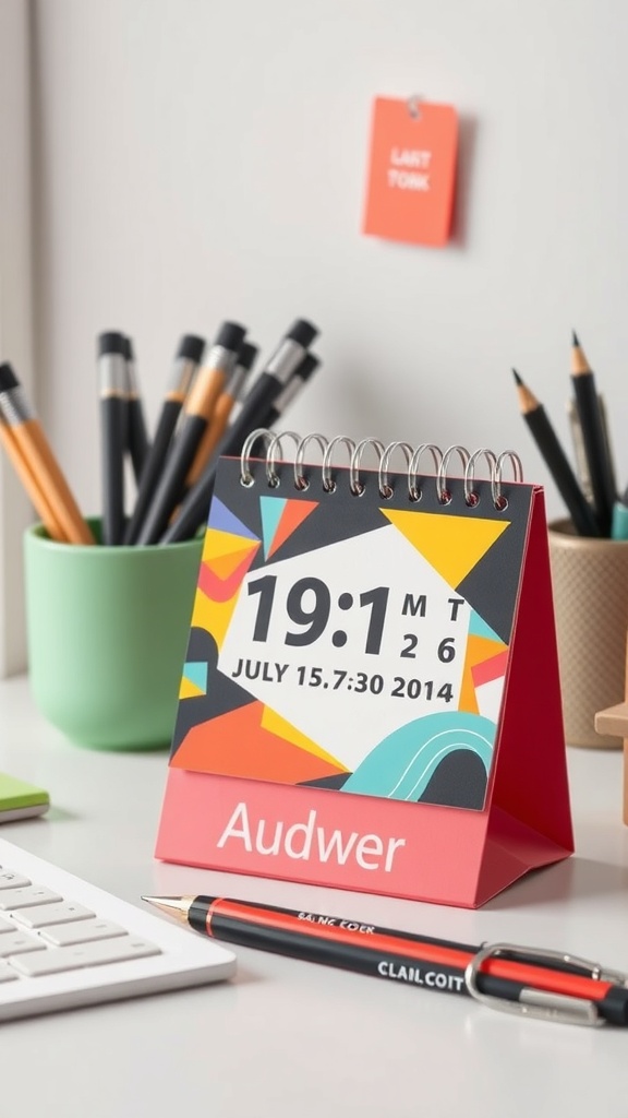 A colorful desk calendar with a modern design, surrounded by pens and a keyboard.