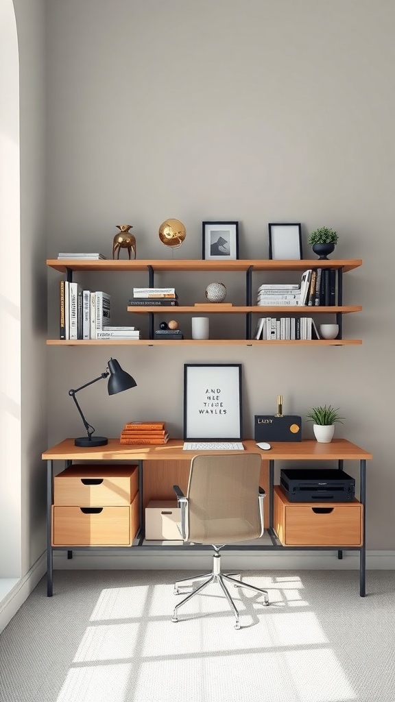 A modern home office with a wooden desk, floating shelves above, and organized items.