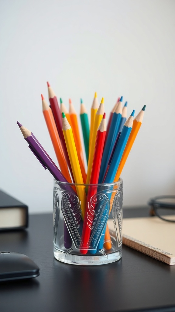 Colorful pencils in a glass holder on a desk.