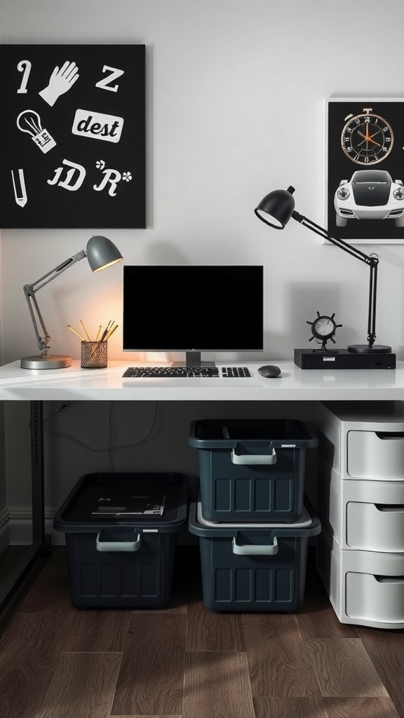 A clean home office desk with under-desk storage bins.