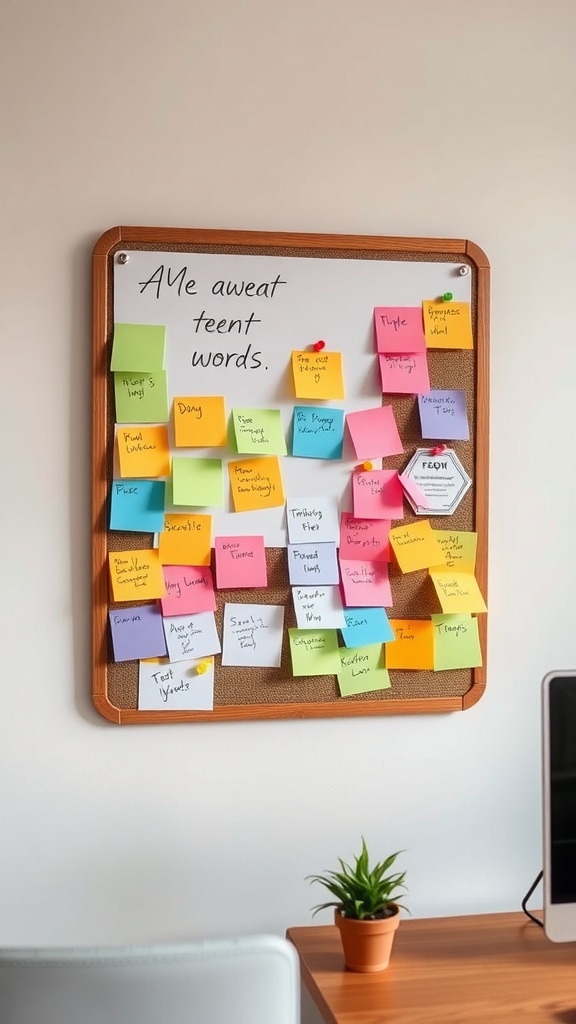 A magnetic board filled with colorful sticky notes and reminders.