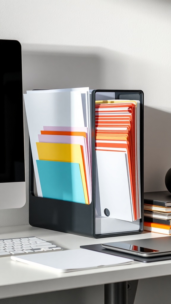 A vertical file organizer holding colorful papers on a desk next to a computer.