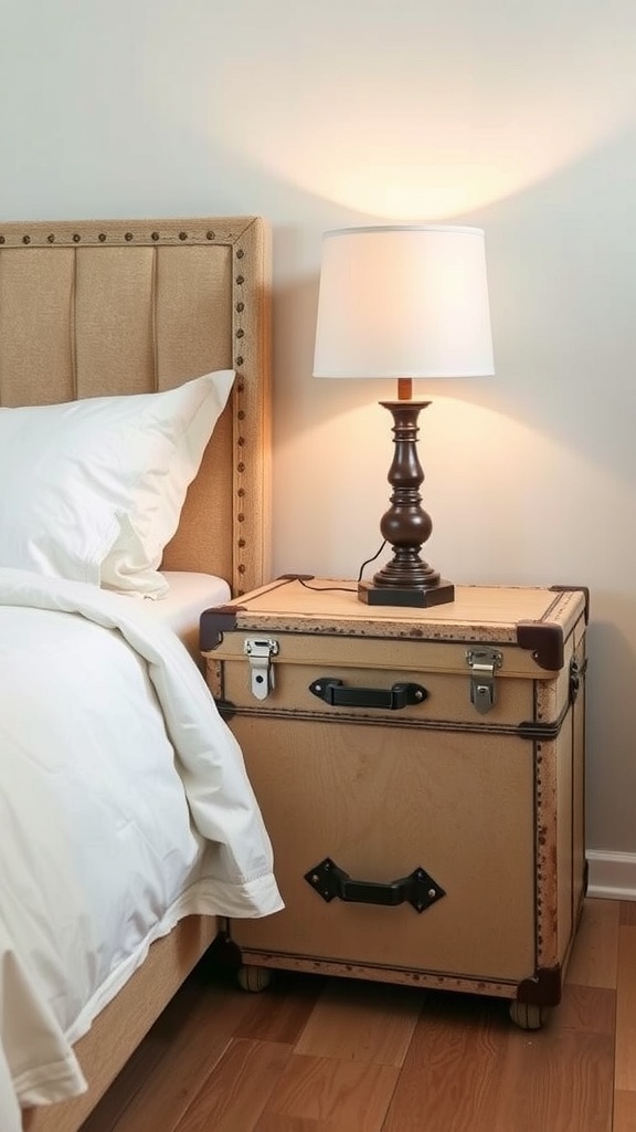 A vintage suitcase used as a nightstand next to a bed with a lamp.