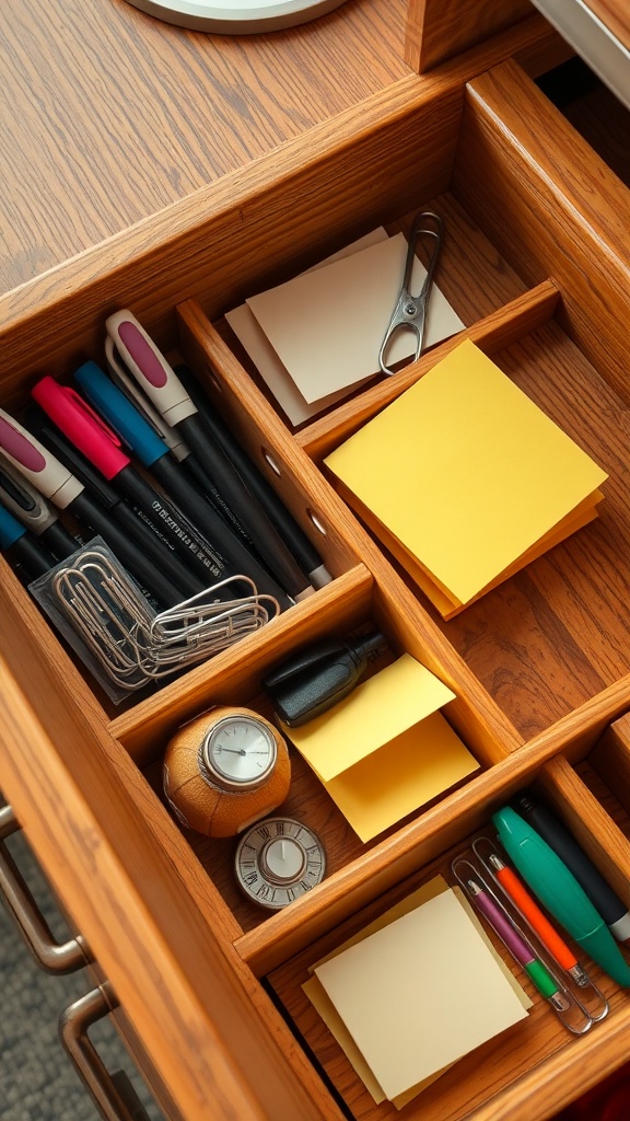 Organized office drawer with dividers holding pens, paper clips, and sticky notes.