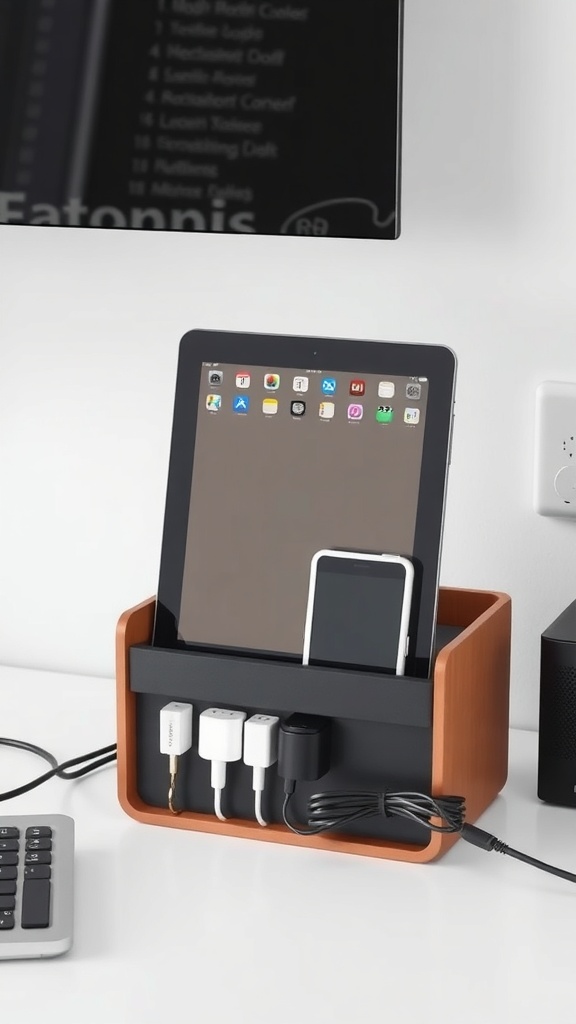 A stylish desk organizer holding a tablet and phone with charging cables neatly arranged.