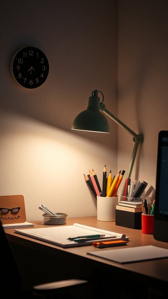 A well-organized desk with a lamp, clock, and stationery.