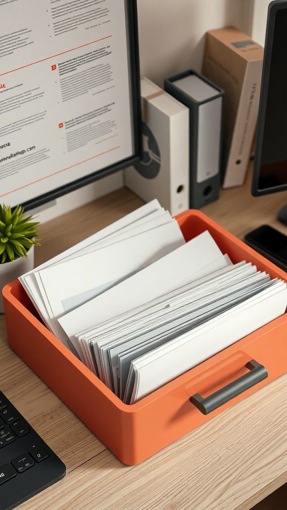 An orange in-box filled with documents on a desk