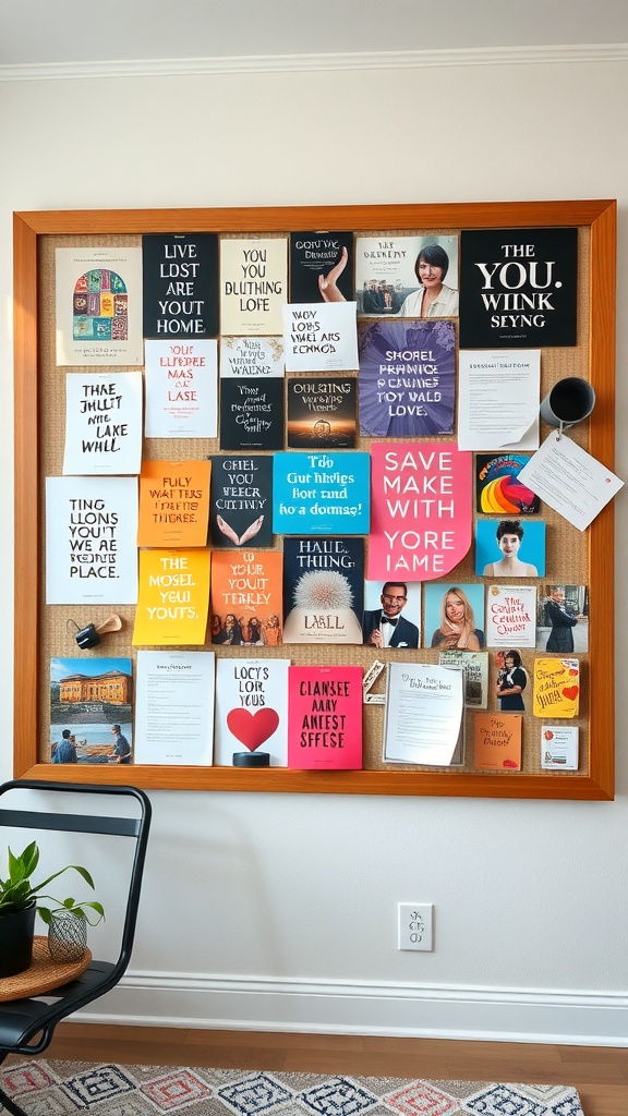 A bulletin board filled with colorful quotes and images for inspiration.