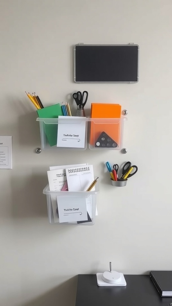 Wall-mounted storage bins with office supplies and a chalkboard