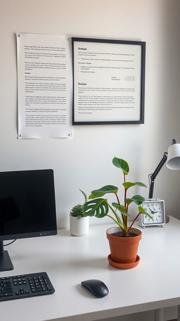 A home office desk featuring a green plant in a pot, a computer monitor, and a desk lamp.