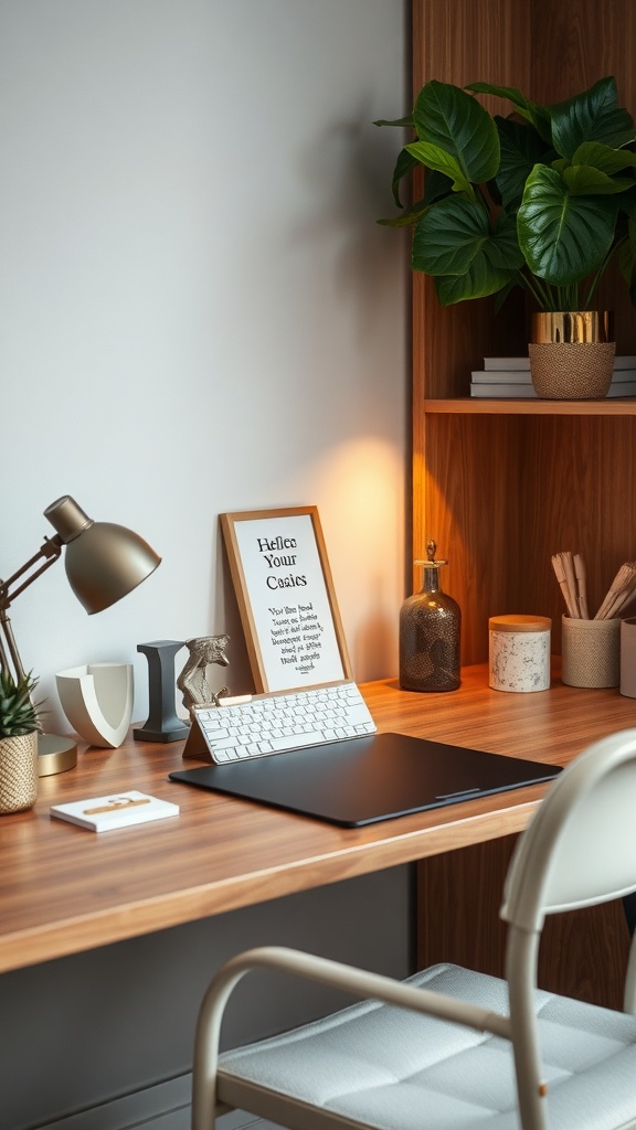 A stylish home office desk with personalized accessories including a framed quote, a decorative plant, and a modern lamp.