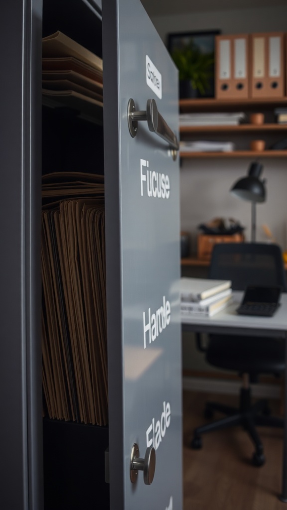 A close-up of a filing cabinet with labeled drawers in a home office setting.
