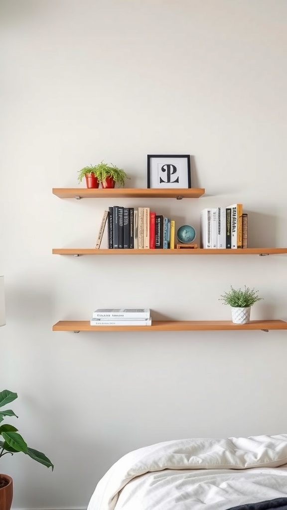 A set of floating shelves displaying books and plants on a wall.