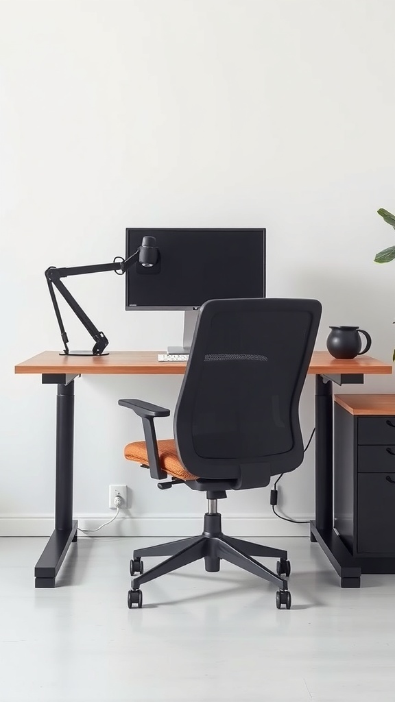 A modern ergonomic desk setup with a black chair, computer monitor, and desk lamp.