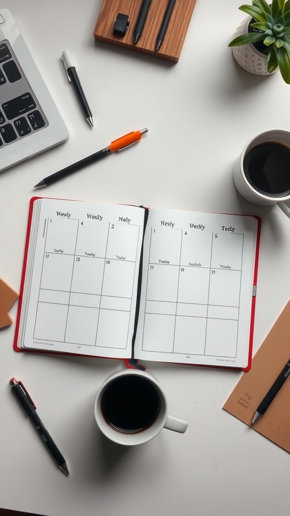 A desk with a weekly planner, coffee, and pens for task management.