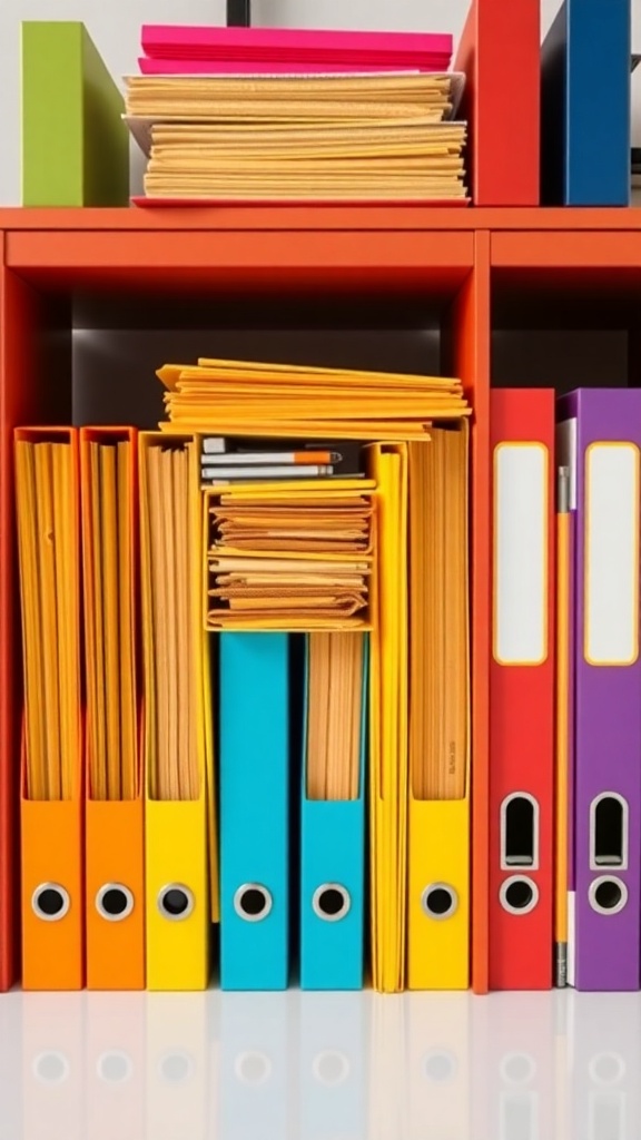 Color-coded file system with various colored folders and binders on a shelf.