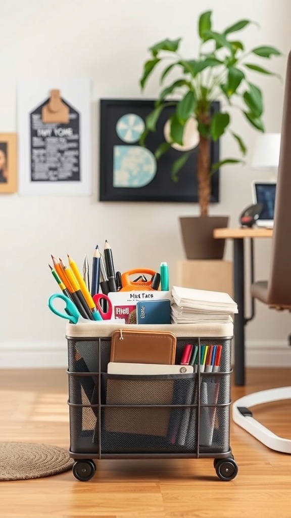 A portable office caddy filled with various office supplies like pens, notebooks, and scissors.