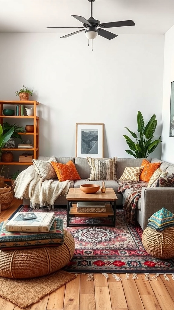 Cozy living room with layered textiles including rugs, throws, and cushions.
