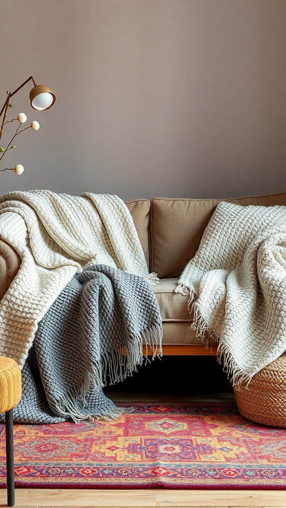 A cozy sofa adorned with textured throws in neutral colors and a vibrant rug underneath.