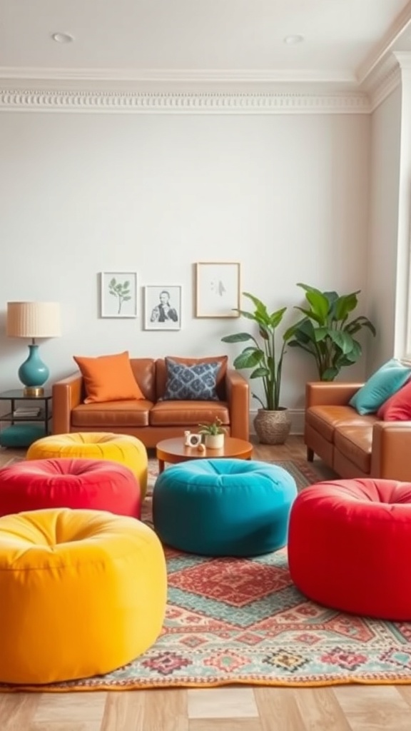 A cozy living room featuring brightly colored poufs in yellow, red, and blue, surrounded by a stylish couch and plants.