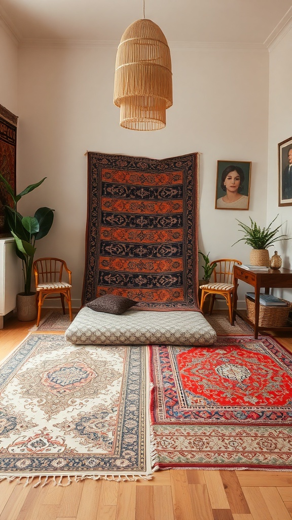 A cozy room featuring layered rugs and textiles in various patterns and colors.