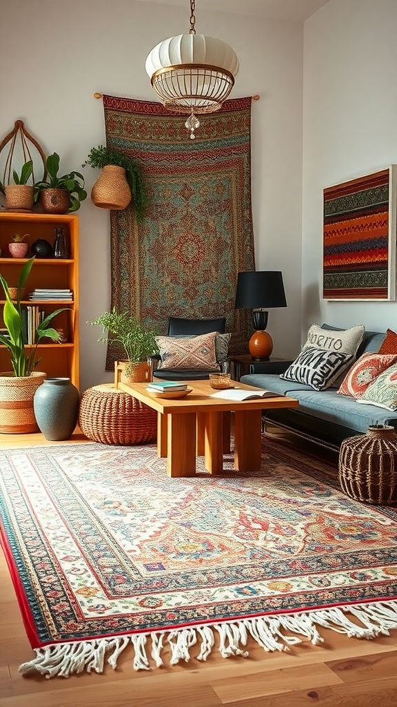 A cozy living room featuring a rug with fringed edges, surrounded by plants and decorative items.