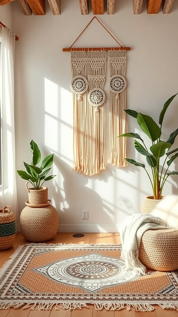 A cozy room featuring a macramé wall hanging, potted plants, and a patterned rug.
