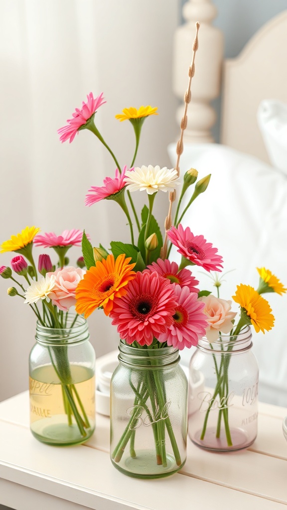 Colorful painted mason jar vases filled with flowers on a bedside table.