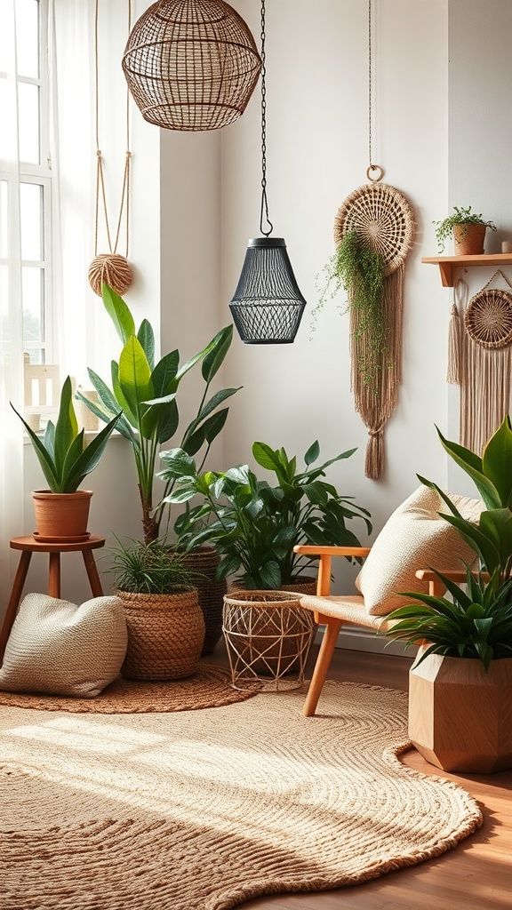 A cozy living space featuring natural fiber rugs and indoor plants.