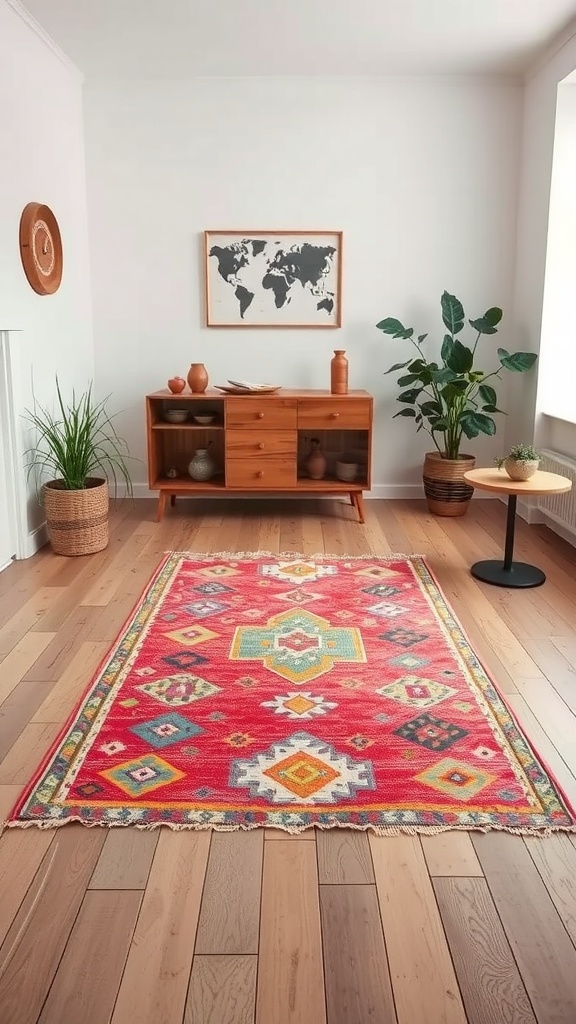 A vibrant vintage Kilim rug on wooden flooring in a stylish room.