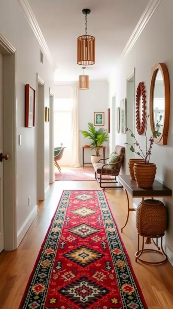 A colorful rug runner in a hallway with stylish decor