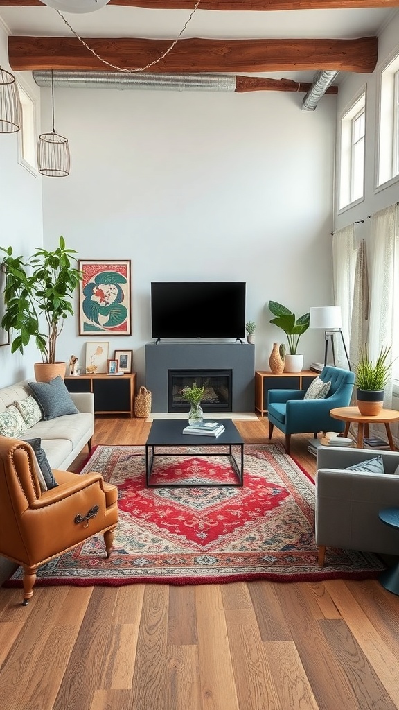 A cozy living room featuring a mix of modern and vintage rugs, with a vibrant Persian rug on the floor.