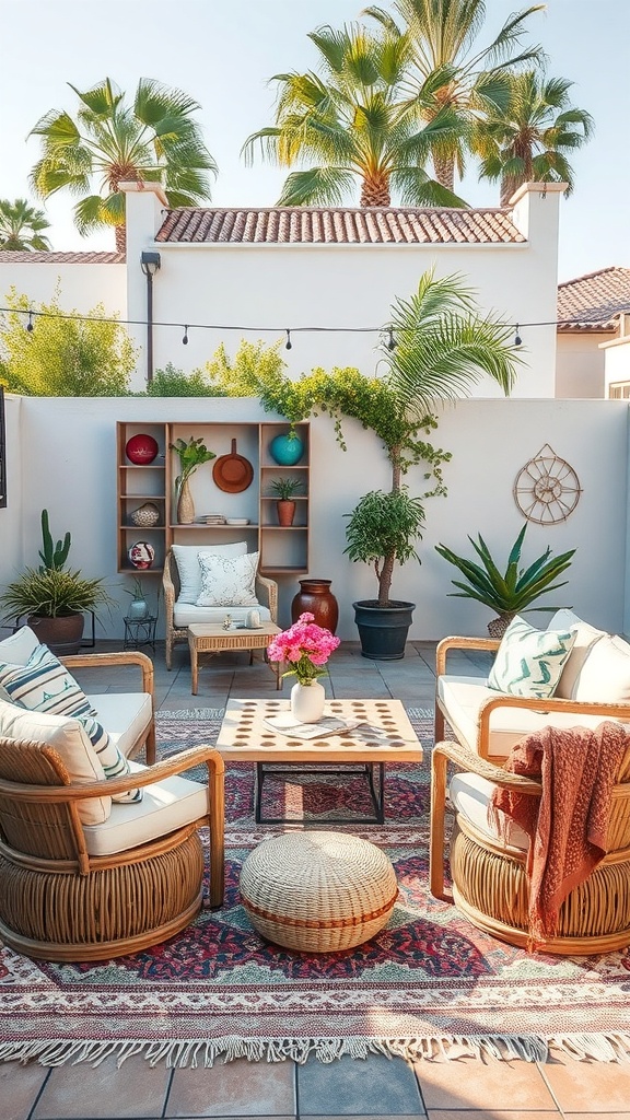 A cozy outdoor patio with layered rugs, comfortable seating, and plants.