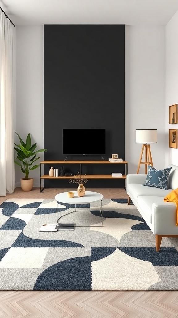 A modern living room featuring a geometric patterned rug in shades of blue and cream.