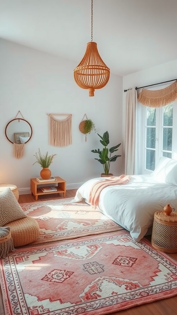 A cozy bedroom featuring soft pastel colors with a rug, plants, and warm lighting.