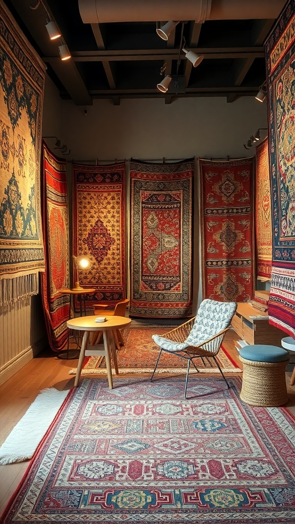 A cozy room featuring various colorful rugs and textiles on display.