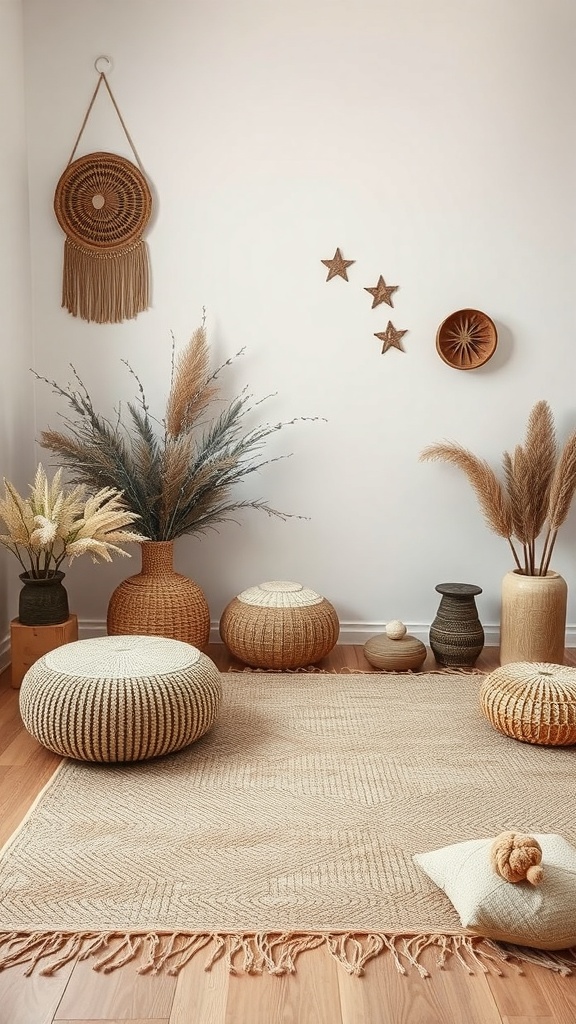 A cozy room featuring earthy tones with woven rugs, decorative plants, and textured cushions.