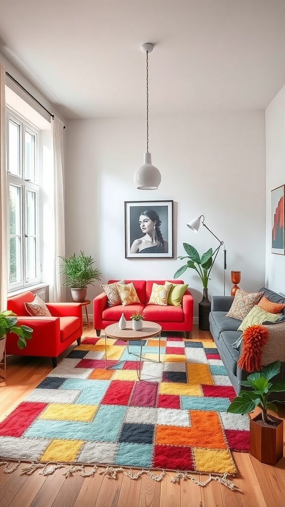 A vibrant patchwork rug in a stylish living room with red and gray sofas.